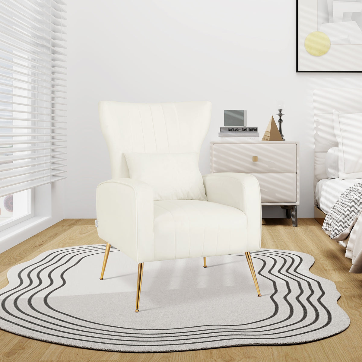 The white accent chair is placed on a rug in a bedroom setting
