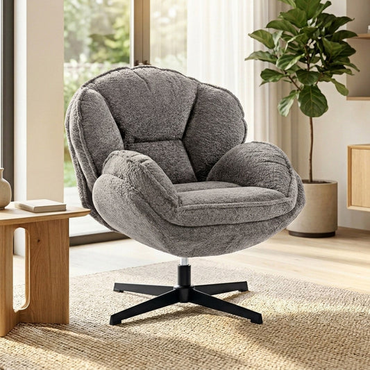 A grey armchair with a four-star base sits on a rug in a bright, modern living room setting