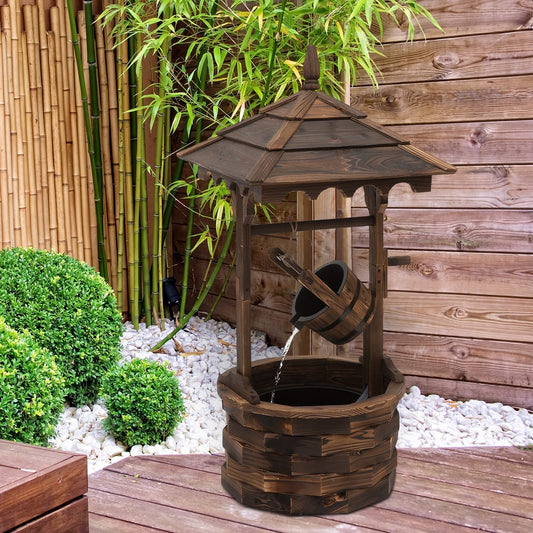 Outsunny Wooden Garden Wishing Well Fountain Barrel Waterfall Rustic Wood in Carbonized Wood Colour