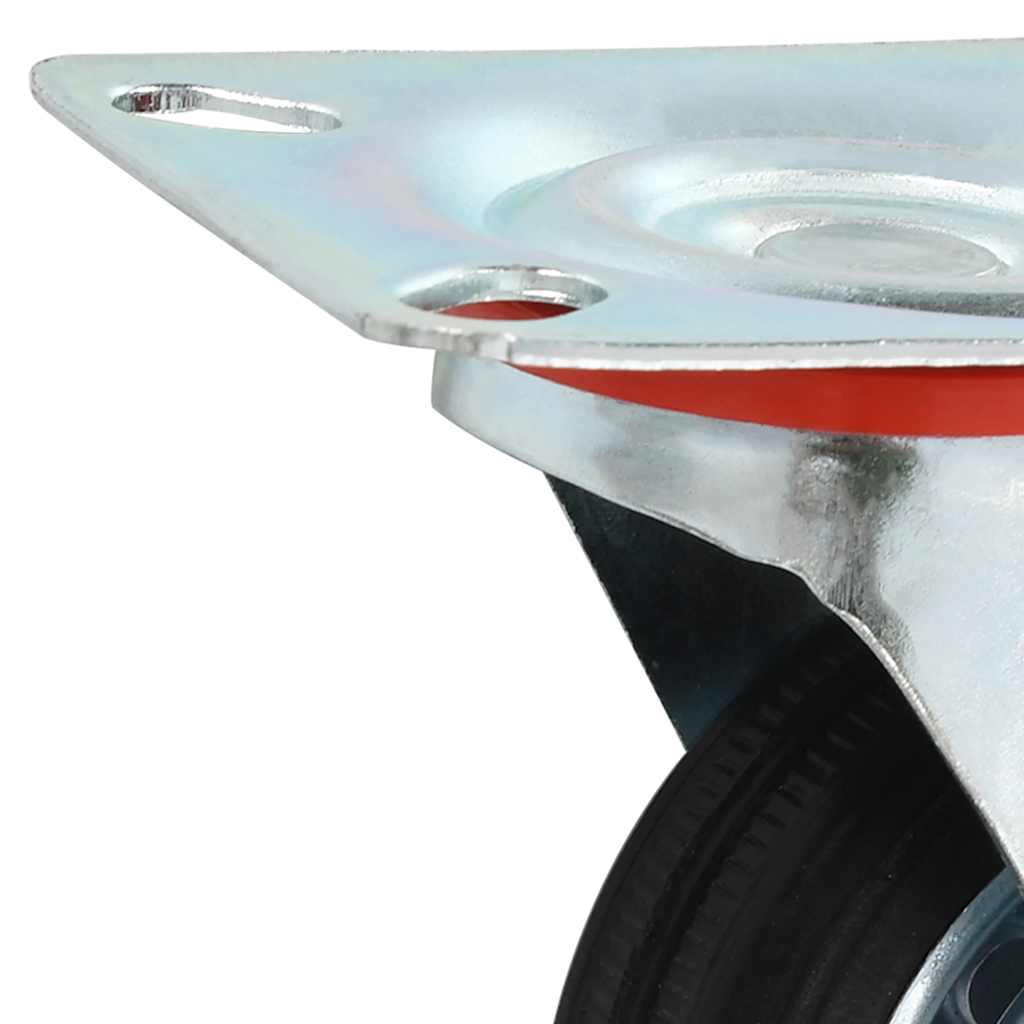 Detail of the metal mounting plate of a swivel caster wheel with red rubber inserts