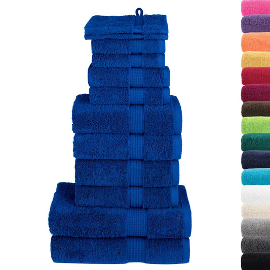 the blue towel set shown next to a vertical colour palette of various available shades