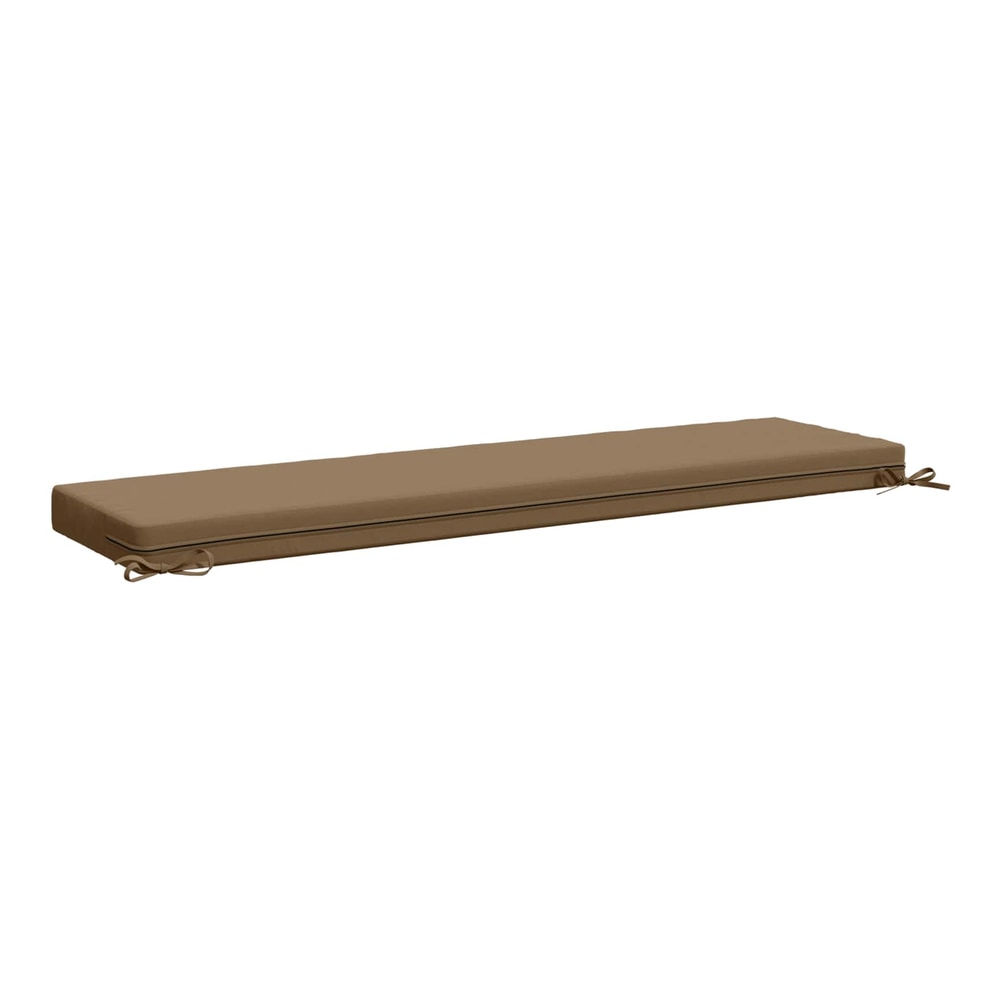 Taupe bench cushion showing stitching and ties