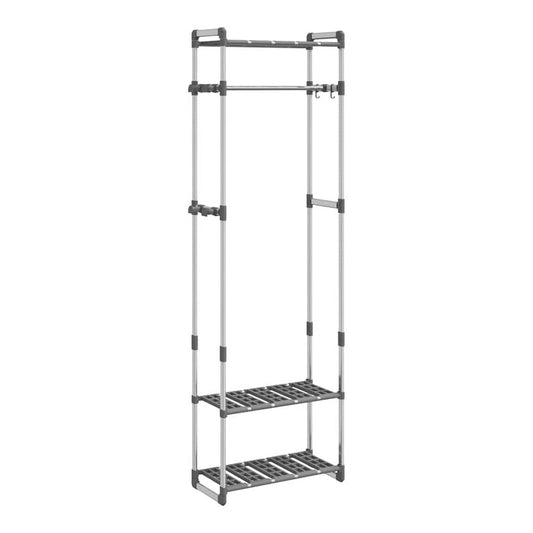 The silver clothes rack with a hanging rail and two slatted shelves