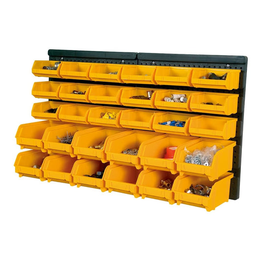 The storage bin kit with yellow bins on black wall panels, filled with various items