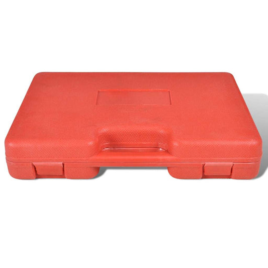The red plastic storage case for the ball joint press service kit is closed