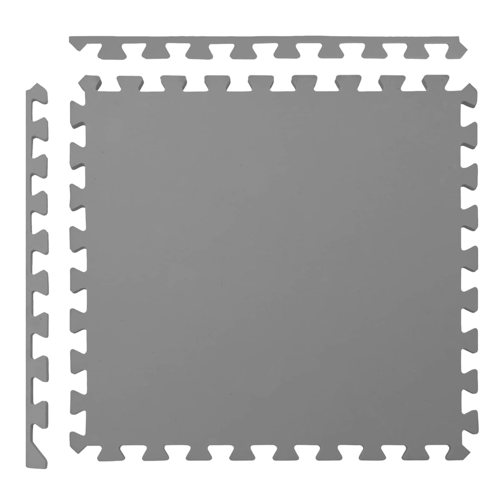 A single grey interlocking floor mat with two edge pieces