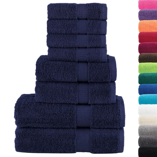 Eight piece towel set in navy blue and other colours