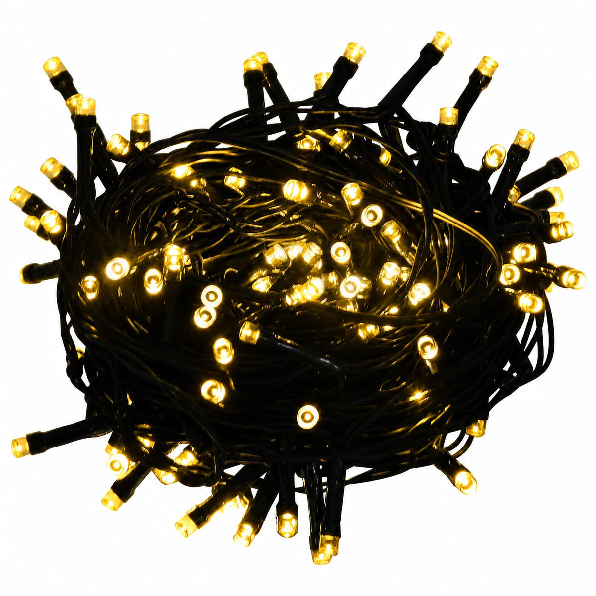 A tangled bundle of warm white LED string lights for the Christmas tree