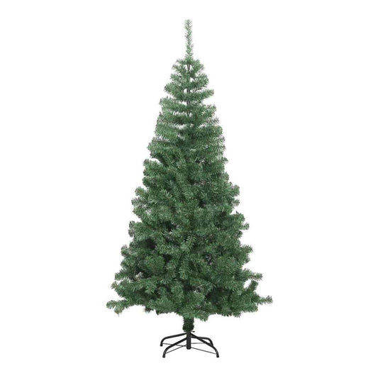 A green artificial Christmas tree with a black metal stand, shown from the front