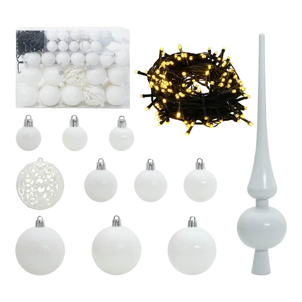 White baubles, fairy lights and a tree topper for the artificial Christmas tree