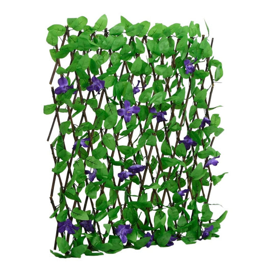 The expandable artificial ivy fence panel covered in green leaves and purple flowers