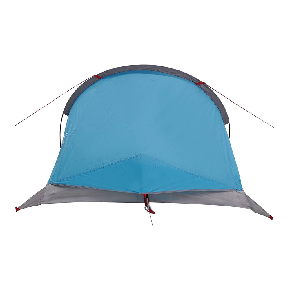 The back of the blue backpacking tent is shown