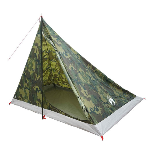 The camouflage backpacking tent is shown from a side angle with the entrance open