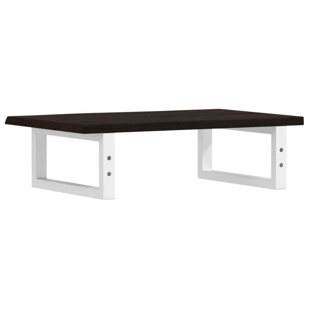 The wall mounted basin shelf unit with a dark wood top and white metal frame