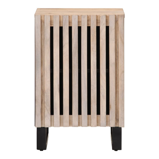 A close-up of the slatted door on the solid mango wood bathroom cabinet