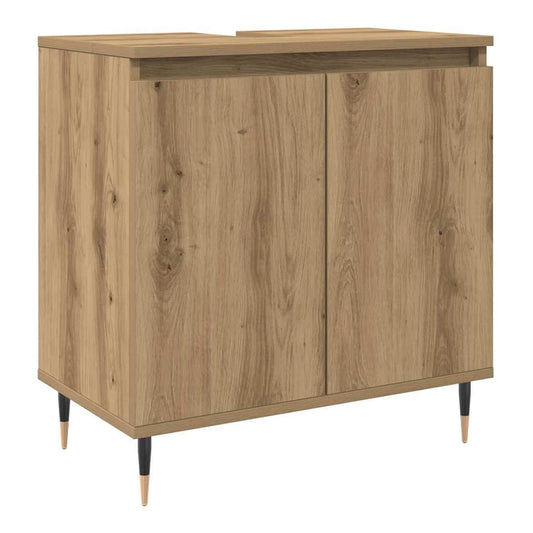 The bathroom cabinet has a wood grain finish and stands on four tapered legs