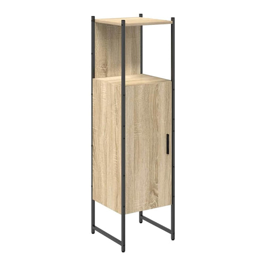The tall bathroom cabinet with a single door and open shelving, shown against a white tiled wall