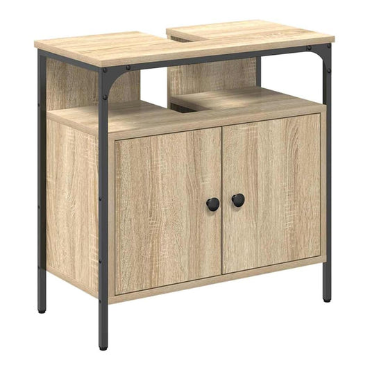 The beige engineered wood bathroom vanity unit with black metal frame