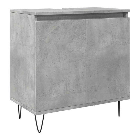 Concrete grey bathroom cabinet with two doors and hairpin legs, side angle