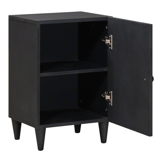 The bathroom cabinet with the door open showing an internal shelf
