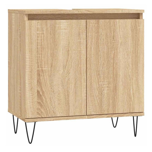 The bathroom cabinet with two doors and black legs