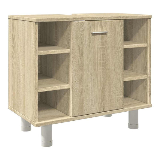 The bathroom cabinet showing open side shelves and a central cupboard door with a handle