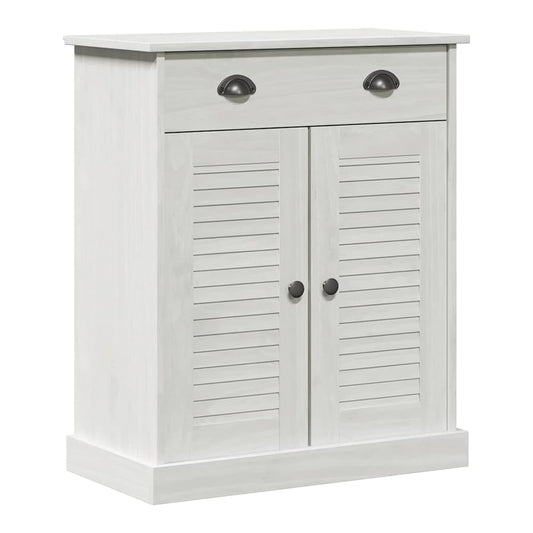 The bathroom vanity unit has a white and antique white finish with slatted doors