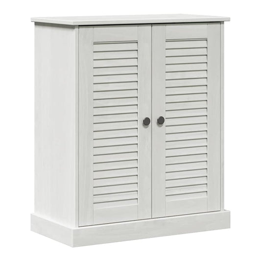 White and antique white bathroom vanity unit with two slatted doors and two handles