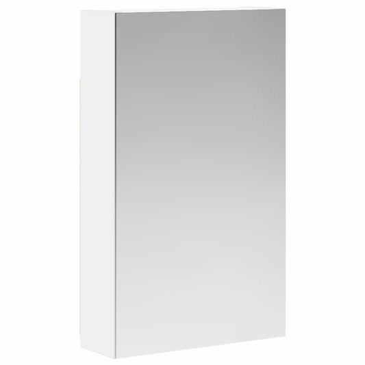 The white bathroom cabinet with a mirrored door closed, reflecting a blank surface