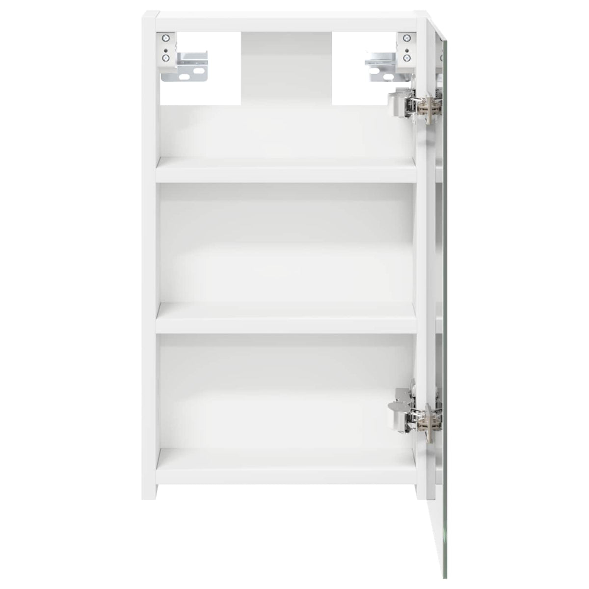 The white bathroom cabinet with one door open, revealing its empty shelves