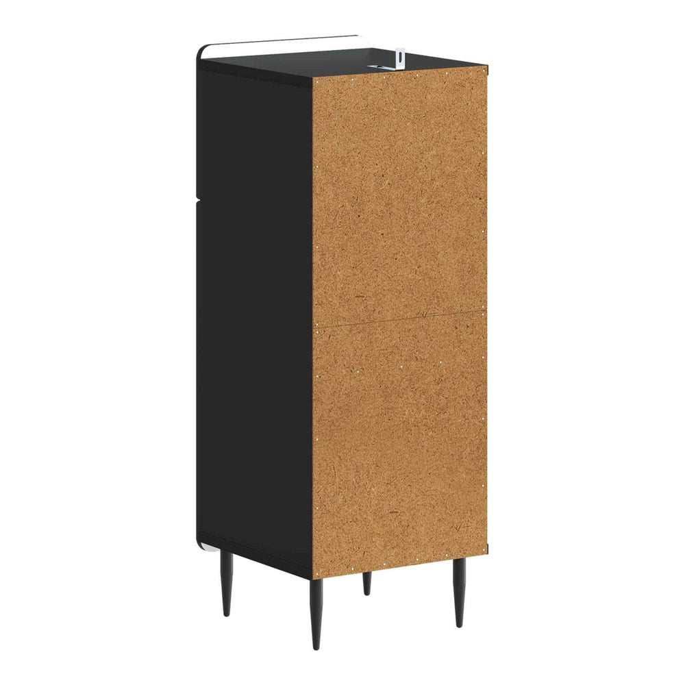Back view of the black bathroom storage cabinet showing the unfinished back panel