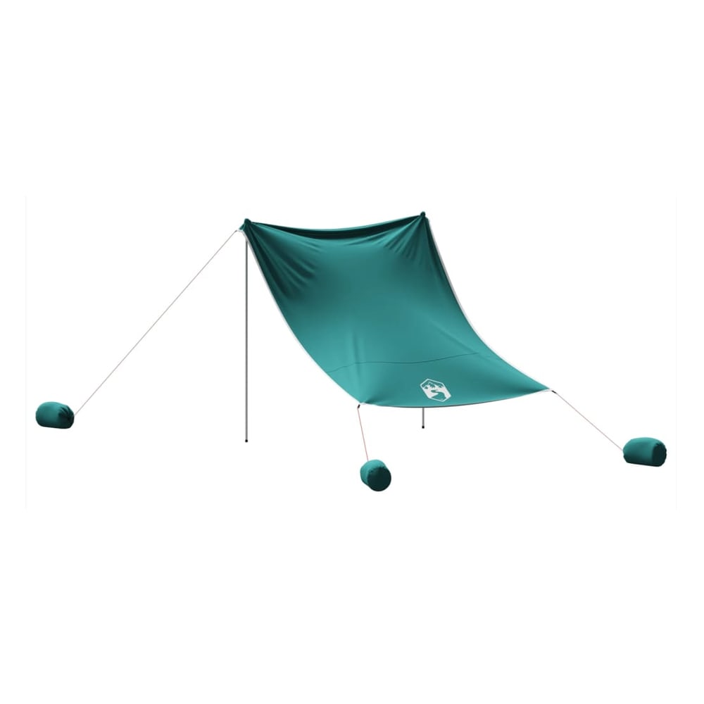 the beach canopy in teal with sand anchors attached to the guy ropes