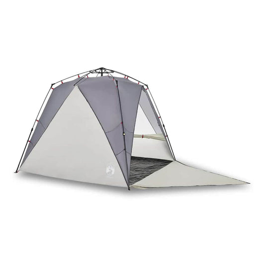 The grey beach tent is shown from a side angle with its floor extended