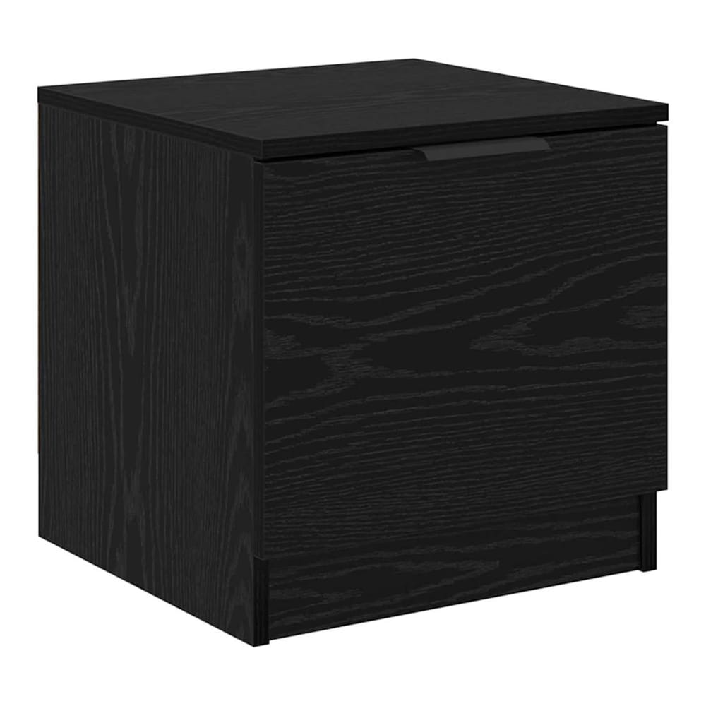 A black oak bedside cabinet with a handle on the front