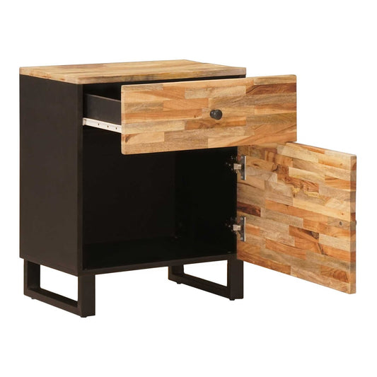 The bedside cabinet with its drawer open and cupboard door ajar revealing the interior space