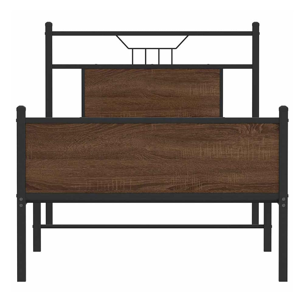 The brown oak bed frame without mattress, viewed from the front with no mattress