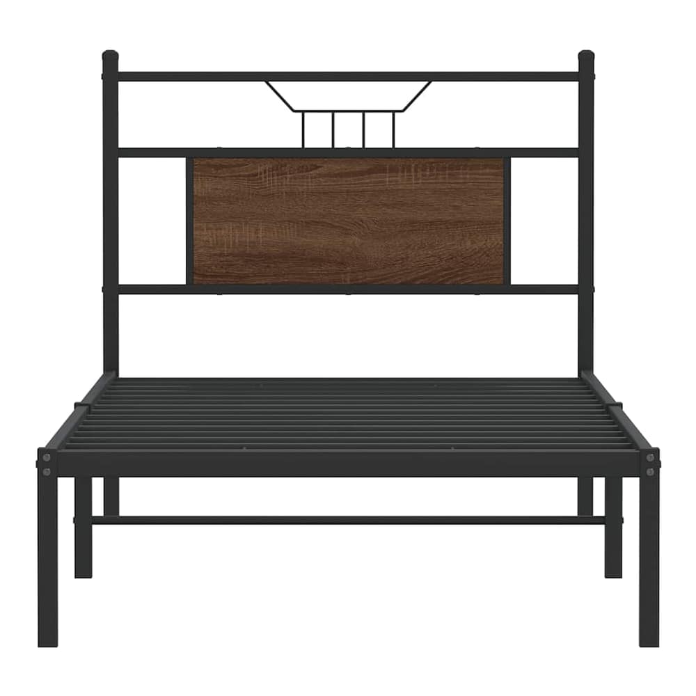 The brown oak engineered wood bed frame, a close-up of the headboard and metal frame