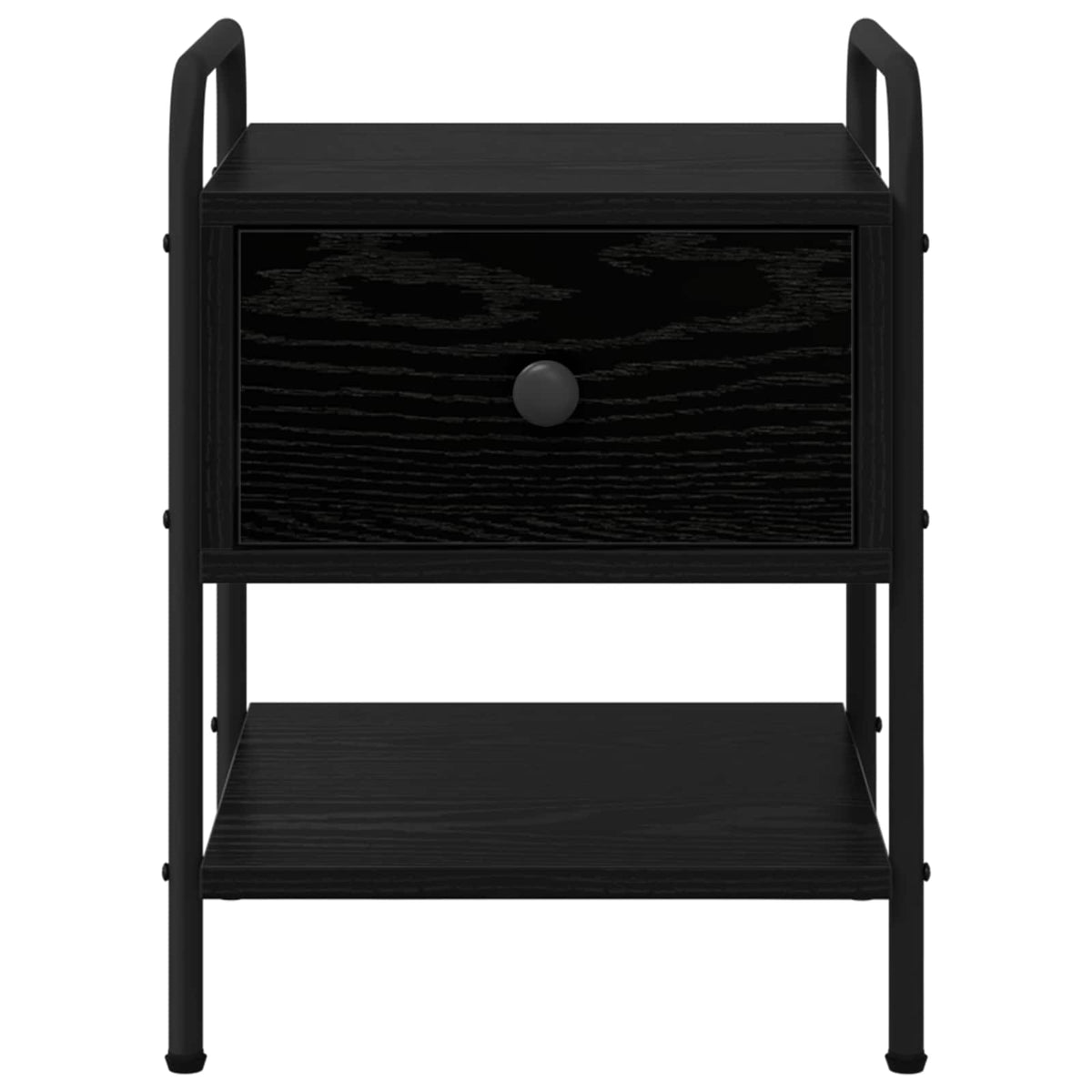 The bedside table viewed directly from the front showing the drawer and shelf