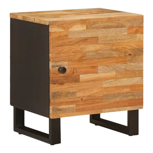 The bedside table featuring a wooden door with a small black knob and a sturdy metal frame