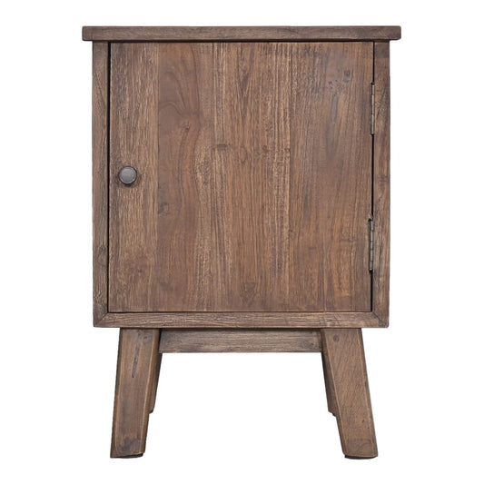 A small bedside table made of solid teak wood, shown from the front