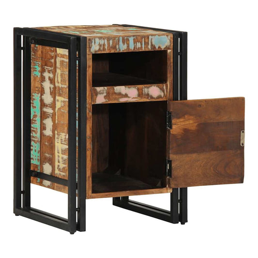 The bedside table with its door open showing the interior storage space