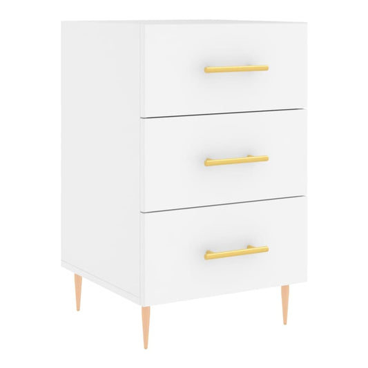 White bedside cabinet with three drawers and gold handles, shown from the front