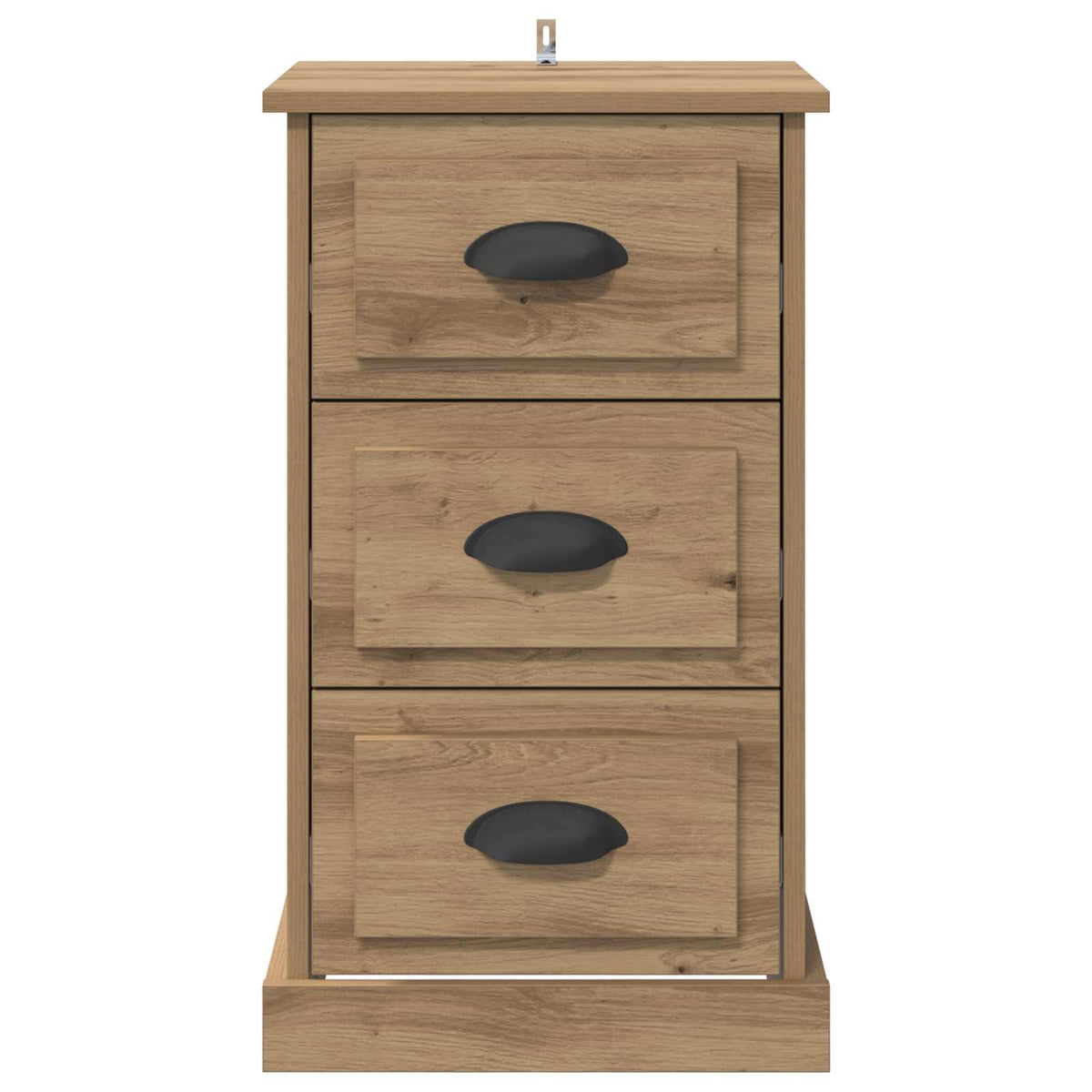 The bedside cabinet from the front, showing the three drawers and black handles