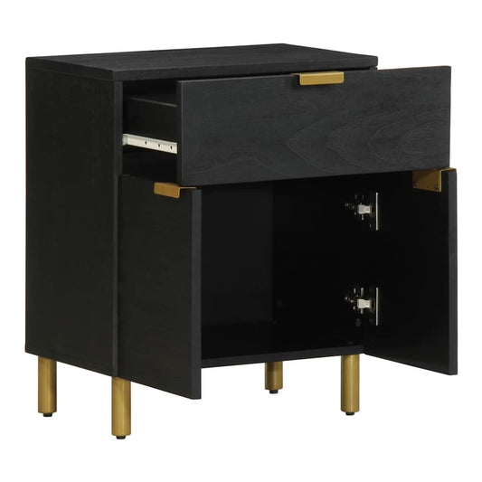 The bedside table with the drawer and doors open, showing storage space inside