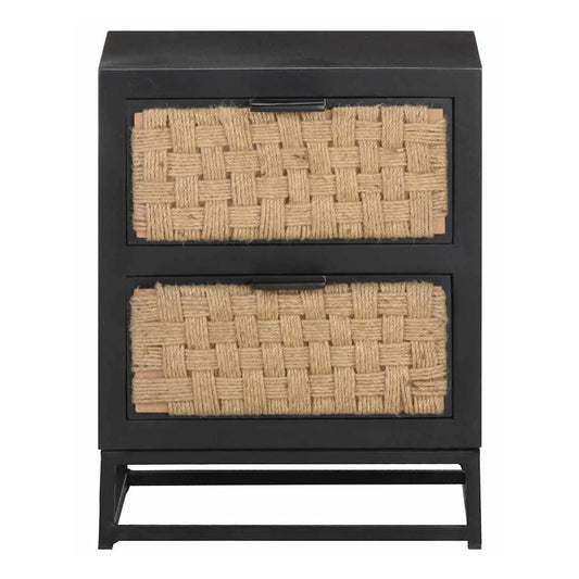 The bedside cabinet has two woven drawers and a black metal frame