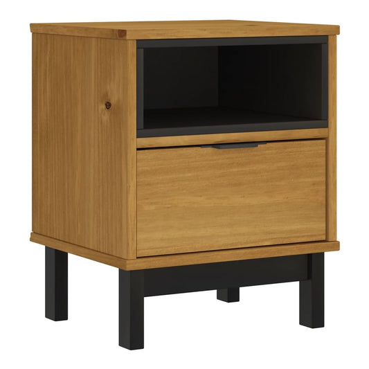 Solid wood pine bedside table with a drawer and an open shelf, standing on black legs