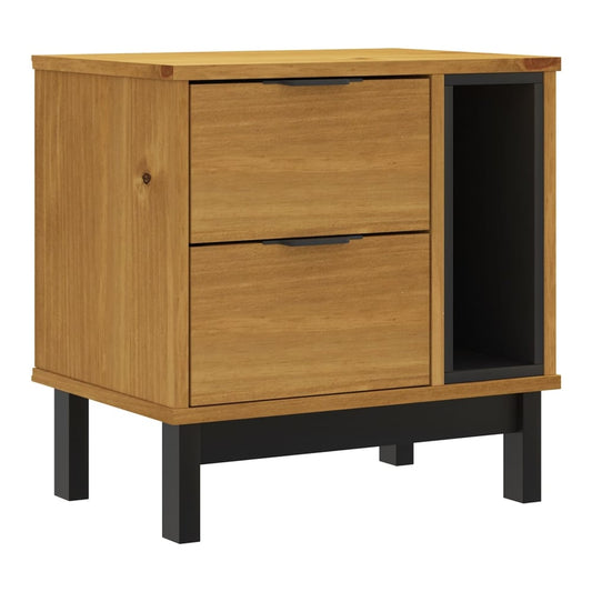 A solid wood pine bedside cabinet with two drawers and an open shelf