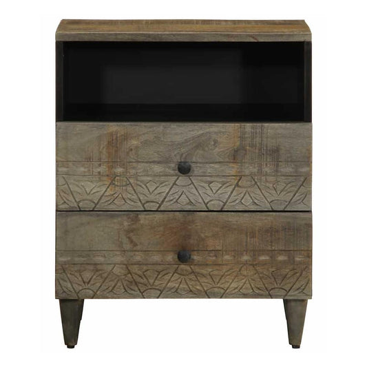 The bedside table featuring a top open shelf and two drawers with carved patterns on the front