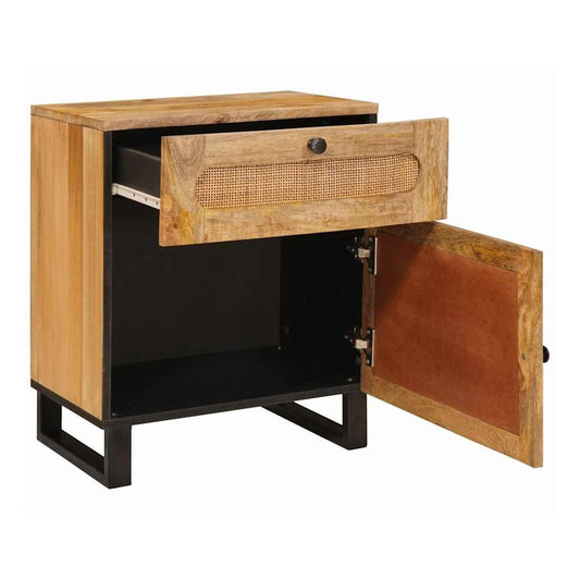 The bedside table with the door open showing the inside storage space