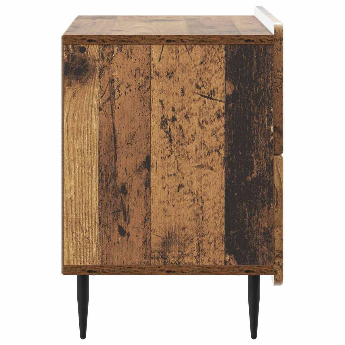 The bedside table viewed from the side revealing the dark wood grain pattern on the panel
